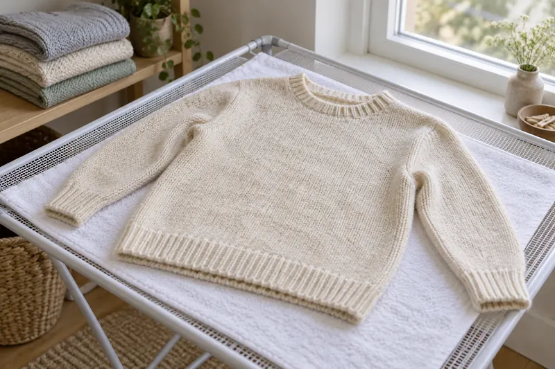 Wool sweater supported flat on a towel over a drying rack