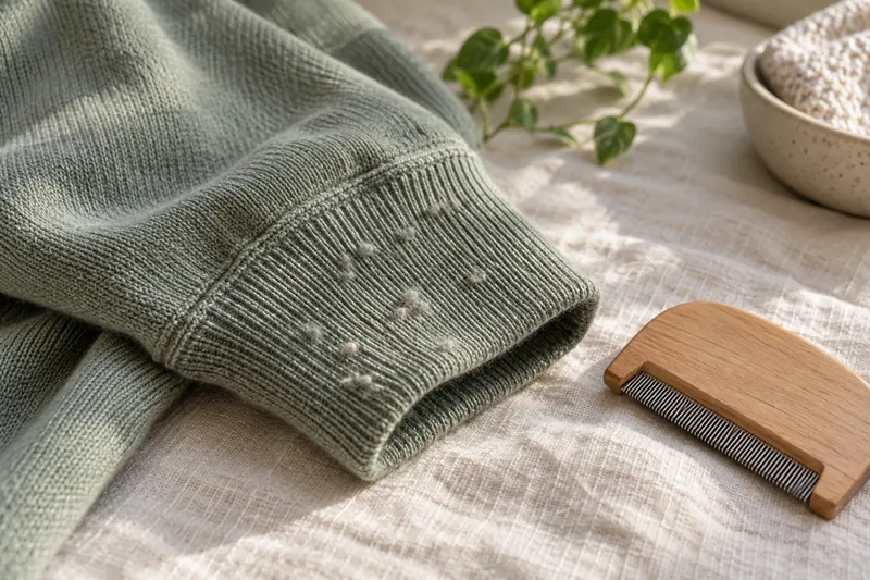 Small fabric pills on a cotton cuff beside a fabric comb