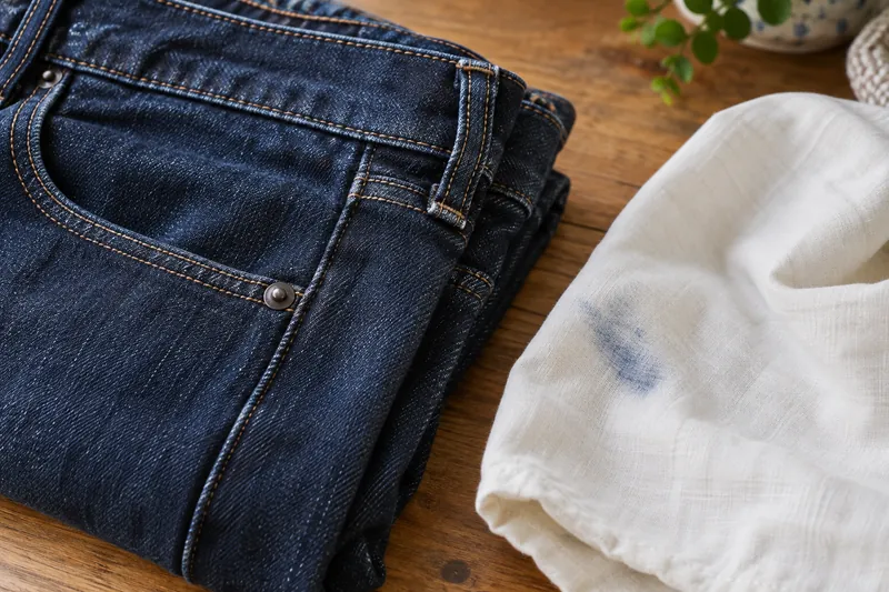 Indigo denim beside a pale cloth with a blue transfer mark