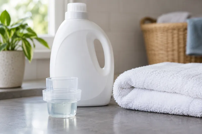 A measuring cap of detergent beside a plain bottle and towel