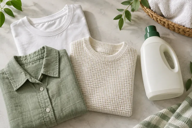 Cotton garments beside a closed laundry detergent container
