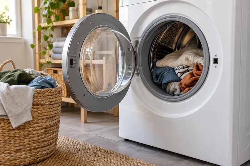 A partly loaded washing machine beside a basket of clothes