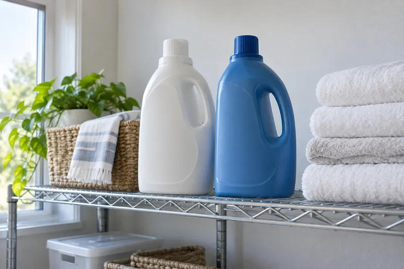 Closed laundry containers stored separately on a utility shelf