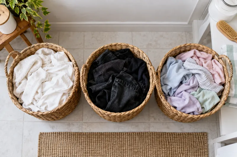 White, dark and pale garments sorted into separate baskets