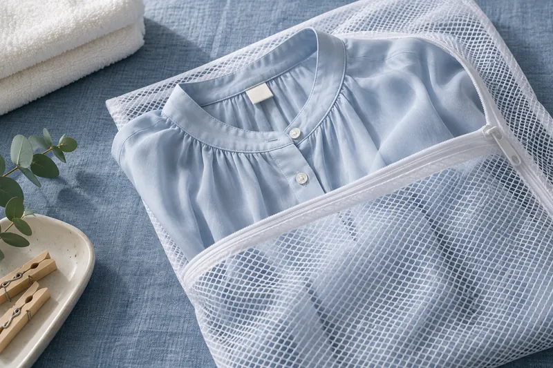 A delicate blouse and its care label beside a mesh laundry bag