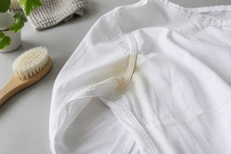 A pale yellow mark near the underarm seam of a white shirt