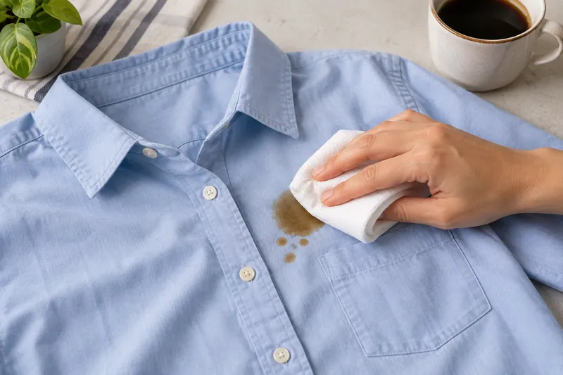A clean cloth blotting a small spill on cotton fabric
