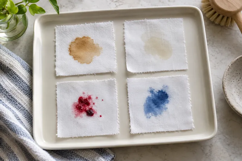 Four cotton swatches with different colored stains