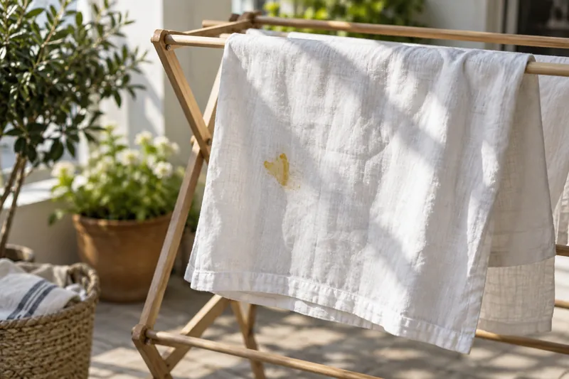 Linen with a small yellow food mark on a drying rack