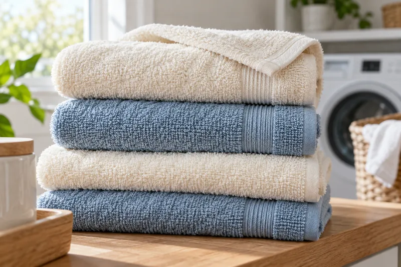 Cotton towels with visible terry loops in a laundry room