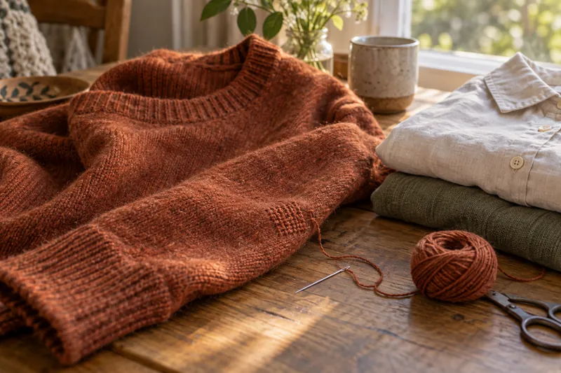 A mended sweater beside thread, a linen shirt and folded cotton
