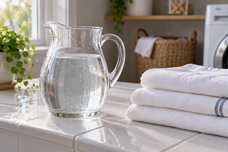 A glass water jug beside folded cotton fabric
