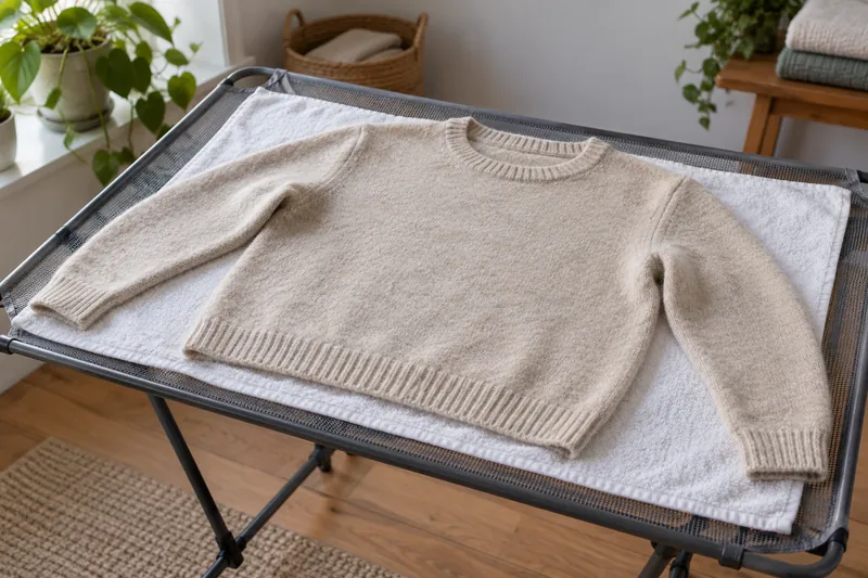 A wool sweater drying flat on a white towel